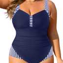 Tempt Me Women Plus Size One Piece Swimsuits - Tummy Control Bathing Suits 2025 Color Block Swimwear (Blue and Stripe)