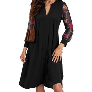 HVT Wedding Guest Floral Dress Long Sheer Mesh Sleeve V Neck MIdi Length Round Collar Shirred Summer Lace Dresses