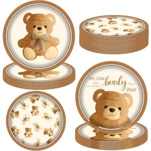 umoni Teddy Bear Paper Plates We Can Bearly Wait Baby Shower Party Supplies 48Pcs Bear Theme Party Dinnerware Plates Brown Birthday Tableware for Birthday Baby Shower Decorations
