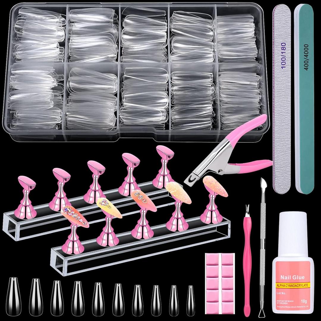 600PCS Clear Coffin Nail Tips Set Qinzave Clear Acrylic Nail Tips with Nail Glue Coffin Nails Full Cover with Nail Display Stand, Cuticle Nail Pusher Remover, Nail Files Buffer