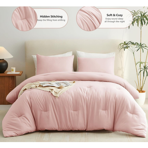 Blush Pink Queen Comforter Set for Girls, 3 Pieces Women Solid Breathable Quilted Bedding Sets, Luxury Soft Bed Set with Down Alternative Comforter All Season (1 Comforter & 1 Pillowcases