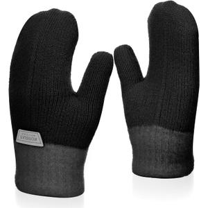 5 x Kids Double Layer Warm Knit Mittens, Girls Boys Winter Outdoor Lined Gloves Cute Full Finger Children Knit Gloves for 4-8 Years (Black)