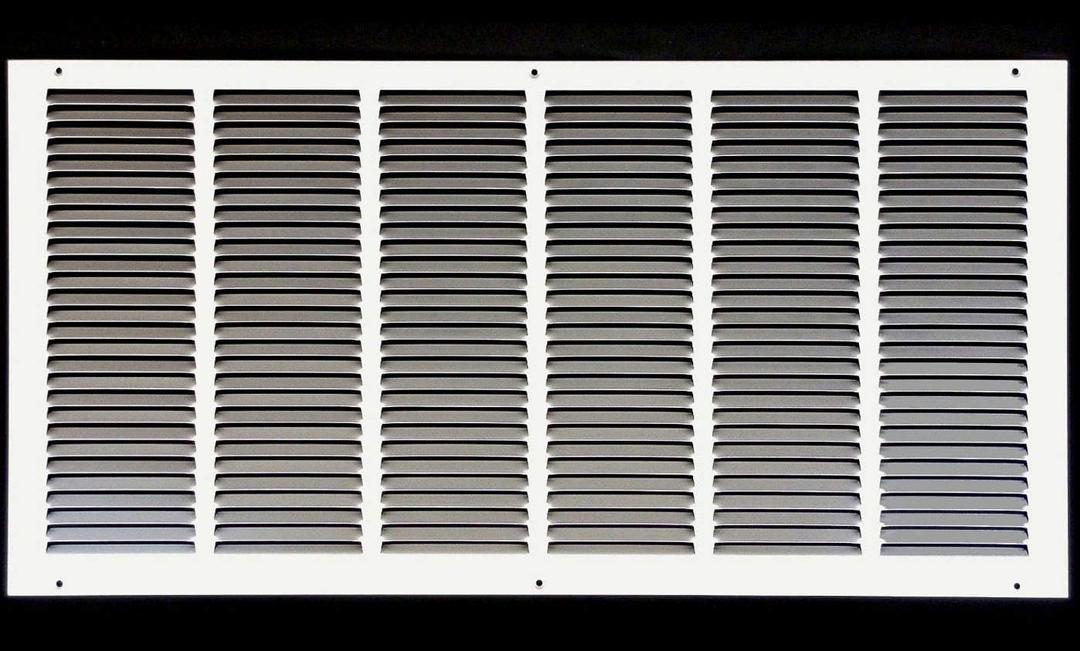 HVAC Premium 26'' x 10'' [Duct Opening] Flat Stamped Steel Return Air Grille - Sidewall and Ceiling - HVAC Vent Duct Cover - White [Outer Dimensions: 27.75''w X 11.75''h]