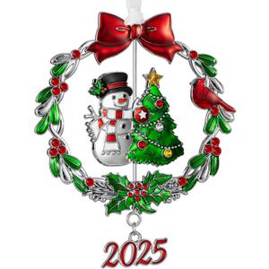 2025 Snowman Christmas Tree Ornament Metal Silver Hanging Rotatable Design Charm Holiday Decorative Pendant Gift Keepsake (Bow)