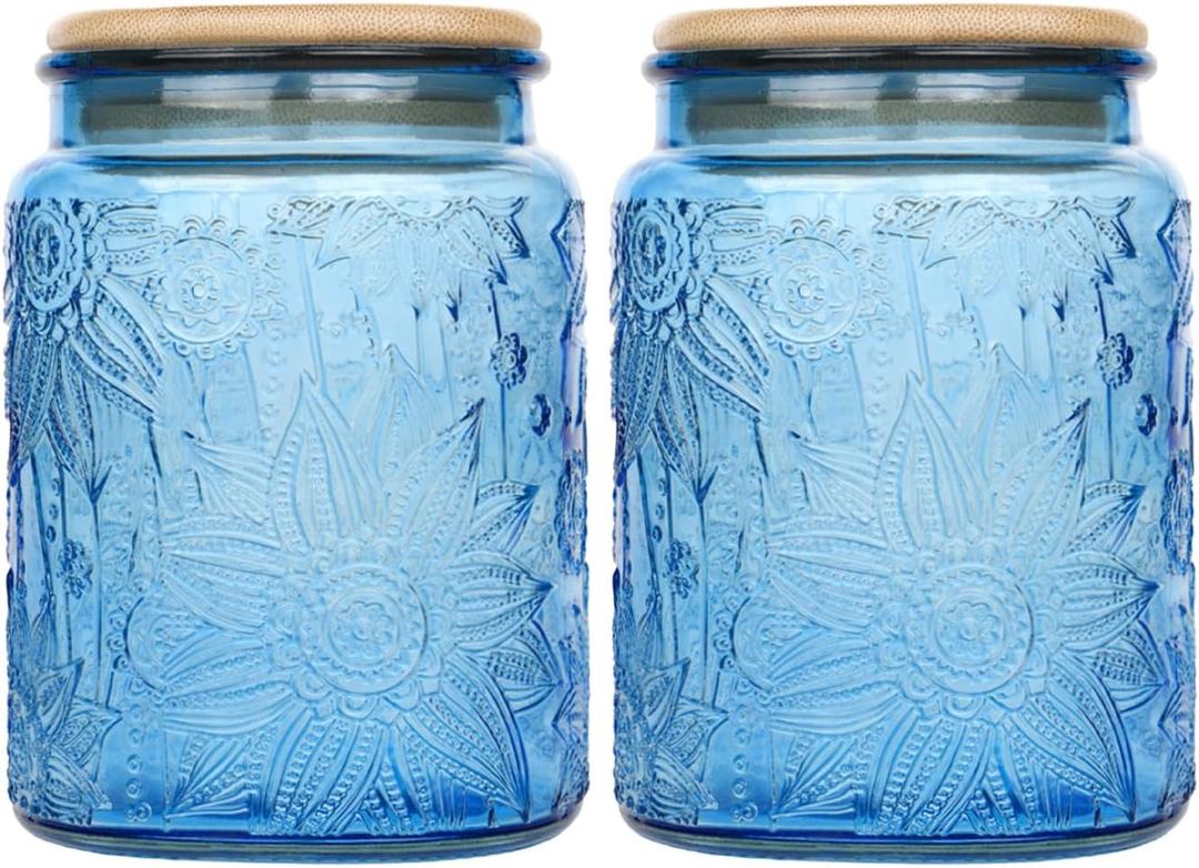 Glass Storage Jars With Airtight Lid, 23.7oz Canister For Kitchen Counter with Bamboo Lid, brown sugar, candy, coffee, cookie, salt, tea,pantry cute Jar (Blue 2-Pack, 23.7 fl oz)