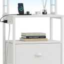 Furologee 40'' Tall Nightstand with Charging Station, Bedside Table with LED Lights, End Table with 2 Drawers and Storage Shelves, Night Stand with Pegboard for Bedroom, White