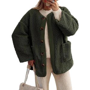 Kissonic Womens Fuzzy Sherpa Fleece Jackets Button Down Long Sleeve Corduroy Patchwork Outwear with Pockets (Large, Armygreen)