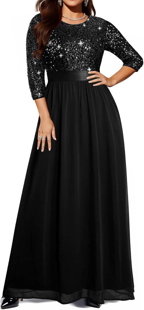 Women's Plus Size Lace Chffon Long Maxi 3/4 Sleeve V-Back Formal Dress, 20W 
