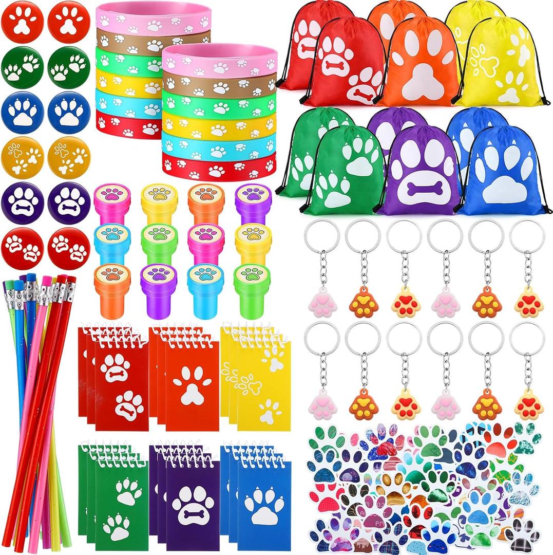 140 Pcs Dog Party Favors Dog Paw Print Party Supplies Include Stickers Mini Notebooks Pencils Badges Keychains Silicone Bracelets Stamps and Drawstring Bags Puppy Party Decorations for Kids Girl Gift