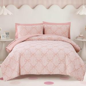 BLOOMHAVEN Twin XL Comforter Set for Girls, 5 Pieces Pink Bow Bedding Set, All Seasons Kids Twin Comforter Set with Sheets, Pillowcase & Sham