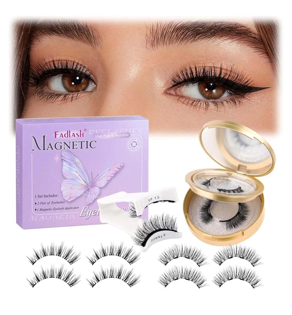 FADLASH Magnetic Eyelashes with Applicator 2 Pairs 2 Boxes of Magnetic Lashes Reusable Natural Look Soft Magnet Eyelash Kit Easy to Wear (806+KS01)