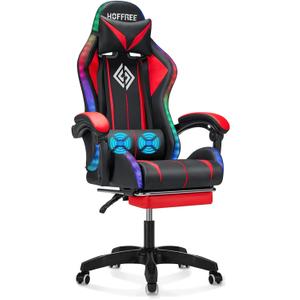 Gaming Chair Massage with LED RGB Lights and Footrest Ergonomic Computer Gaming Chair with High Back Video Game Chair with Adjustable Lumbar Support Red and Black