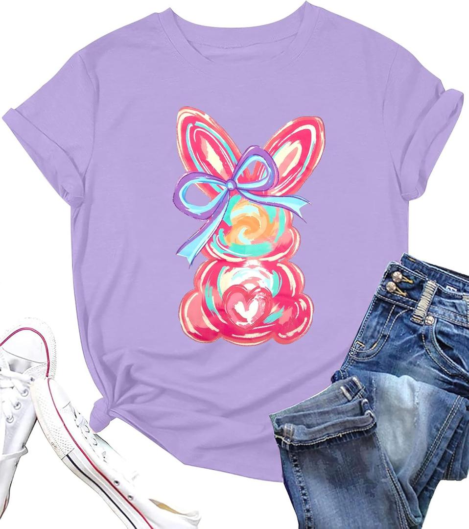 Easter Shirts for Women Happy Bunny Shirt Cute Rabbit Graphic Tee Funny Easter Gifts Short Sleeve Tops (Purple, M)