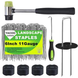 6 Inch Landscape Staples Set, 11 Gauge Galvanized U-Shaped Garden Stakes (100 Pack) with Gaskets, Hook Tool & Rubber Mallet for Weed Fabric & Landscaping