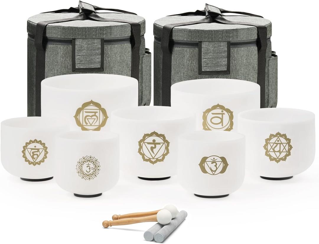 CVNC 432HZ 8-14 Inch Chakra Symbol Design Frosted Quartz Crystal Singing Bowl Set of 7 PCS with Grey Bags for Sound Healing and Meditation
