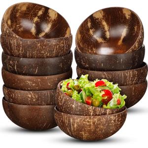 Bokon 12 Pcs Coconut Shell Bowls Polished Wooden Bowls Natural for Smoothie Acai Salad Vegan Gifts Kitchen Decor (Large)