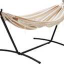 Amazon Basics Double Hammock with 9-Foot Space Saving Steel Stand and Carrying Case, 2 Person, 450 lb Capacity, Beige Stripe with Lace, 110" x 47" x 43"