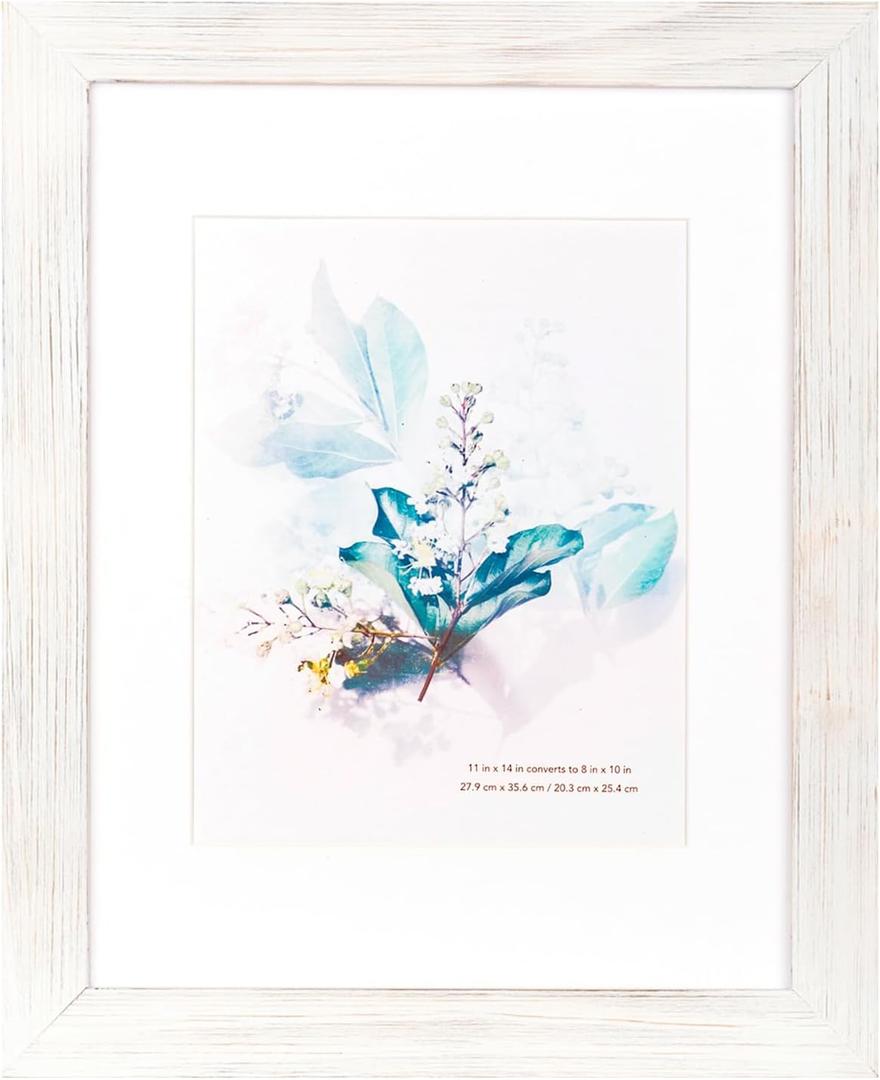 KAIWIN 100% Solid Wood White 11x14 Picture Frame 1 Pack Display Picture 8x10 with Mat, Rustic Wooden Photo Frames for Wall Mounting