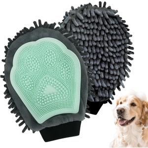 Green Double-Sided Dog Bath Glove Dog Washing Glove Massage Dog Brush Glove for Dogs and Cats Chenille Absorbent Pet Towel Mitt Pet Grooming Glove for Hair Removal Glove