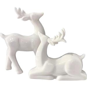 Porcelain Christmas Reindeer Figurines, Pack of 2 Mini Animal Reindeer Decor Deer Statues Sculpture Tabletop Ornaments for Cabinet Mantel Shelves Fireplace Home Dcor Accents Collectible Figurines