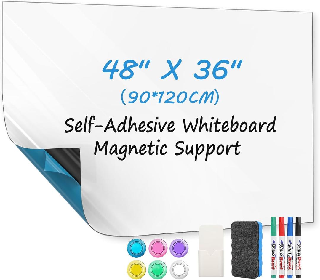 MaxGear White Board 48"x36" Adhesive Dry Erase Board Large Whiteboard Sticker for Wall, Big Wallpaper for Office, Classroom, Home, 4 Markers, 1 Marker Holder, 1 Eraser, 4 Magnets, 4' x 3'