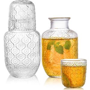 AVLA 4 Pcs Bedside Water Carafe and Glass Tumblers, 20 OZ Clear Nightstand Pitcher with 5 OZ Cup Set, Glass Mouthwash Decanter Vintage Elegant Glassware for Juice, Kitchen, Bedroom, Bar, Bathroom