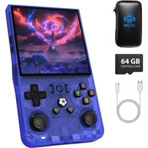 R36MAX Handheld Game Console, Retro Gaming Console with 4000mAh Battery 4.0IPS Screen, Open Source Linux System, with 64GB TF Card Portable Video Gaming Console, Transparent Blue