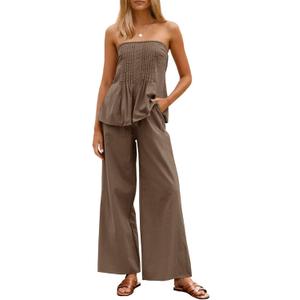 Tankaneo Womens 2 Piece Outfits Summer Strapless Tube Tops Wide Leg Pants Cotton Vacation Pleated Matching Lounge Set