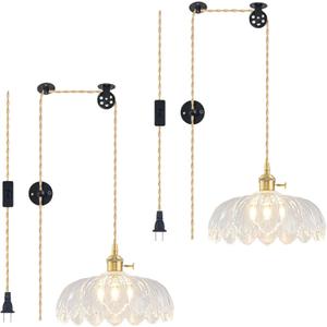 2 Pack Plug in Pendant Light Fixtures, Hanging Light Fixture Glass Pendant Light, Vintage Transparent Hanging Lamp, Pendant Lighting for Kitchen Island, Bedroom, Dining Room, Living Room, Medium