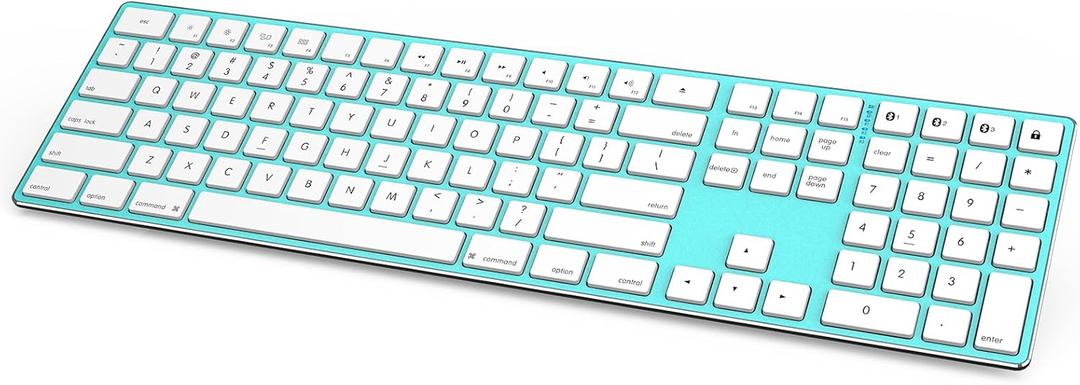 JOYACCESS Bluetooth Multi-Device Wireless Slim Quiet QWERTY Keyboard with Numeric Keypad, Profile Aluminum Keyboard for Laptop, Computer, PC, Windows (Blue & White)