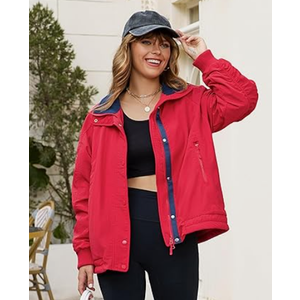 Qiaomai Womens Casual Jackets Warm Fleece Lined Windbreaker Tripper Jackets Outerwear with Pockets, Red, Large