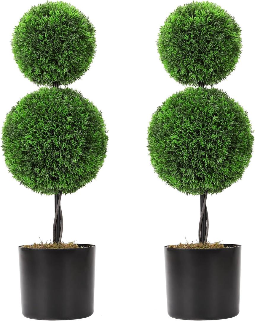 2 Pack Fake Shrubs Plants Potted,24" 2FT Artificial Topiaries Cypress Ball Tree,Faux Topiary Ball Trees for Front Door Porch Decor Lifelike Fake Plant Greenery Arrangements-2 Ball Green (2ft 2ball)