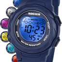 SOCICO Kids Digital Watches for Girls Boys, 5ATM Waterproof, 7 Color Lights Waterproof Watches for Kid with Alarm Stopwatch, Soft Band Wrist Watch Christmas Gifts for Kids Ages 5-12 (Blue)