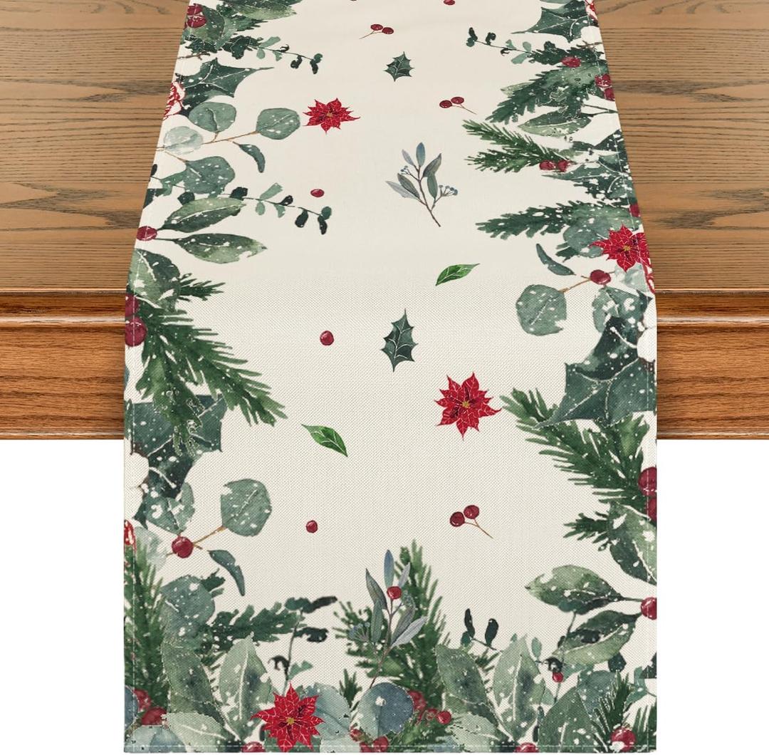 Artoid Mode Green Leaves Poinsettia Holly Christmas Table Runner, Seasonal Winter Kitchen Dining Table Decor for Home Party 13x108 Inch