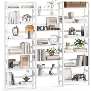 Bamjoy Bamboo Bookshelf, Triple 6-Tier White Bamboo Shelf, Large Bookshelf Bookcase with 17 Open Display Shelves, Tall Book Shelf Storage Rack for Home Office, 71.5 H