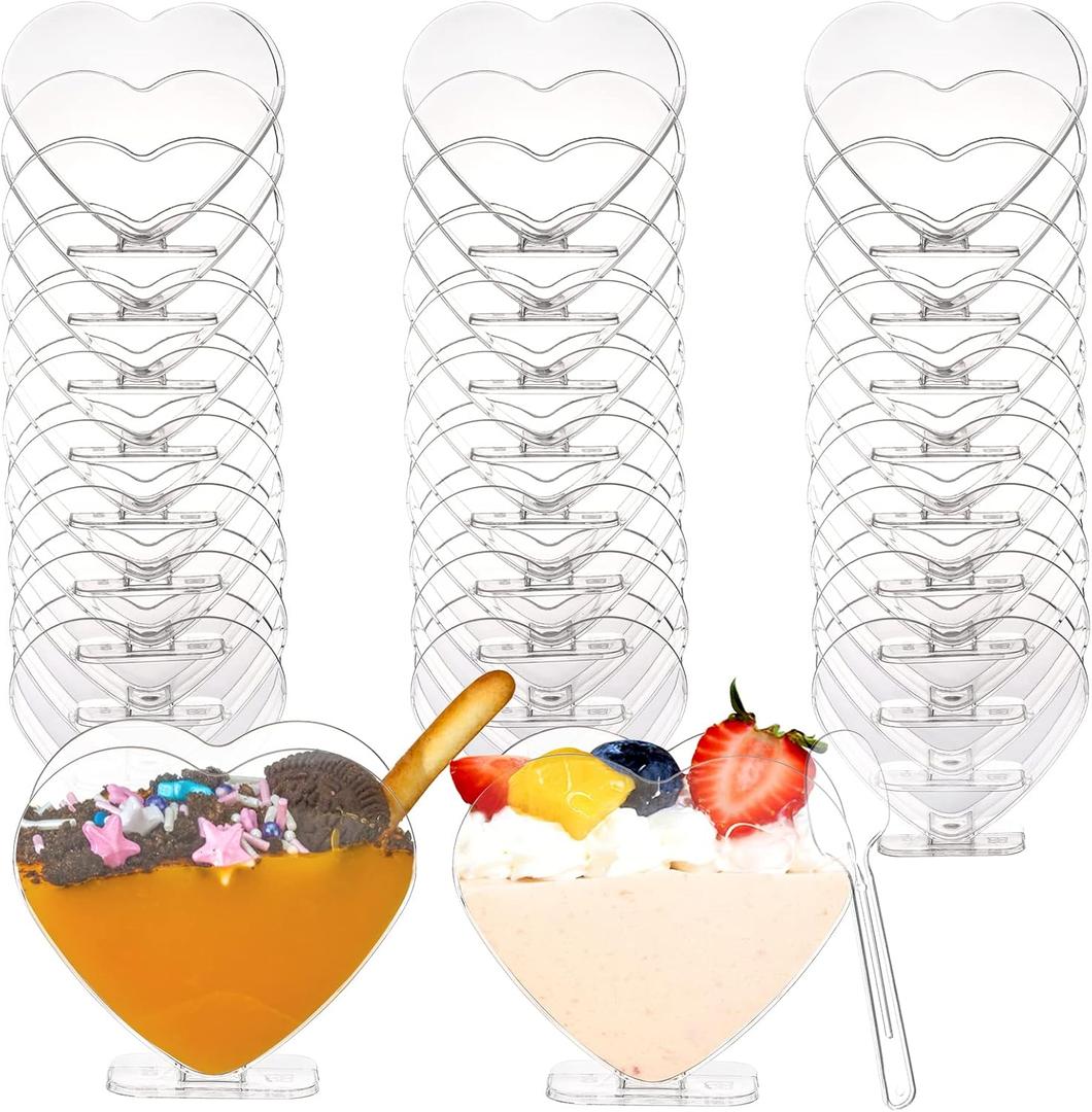 Coloch 100 Pack Plastic Mini Dessert Cup with Spoon for 4 oz Dessert/2.7 oz Liquid, Clear Parfait Appetizer Cup Heart-shaped Small Serving Bowl for Party, Buffet, Valentine's Day, Wedding