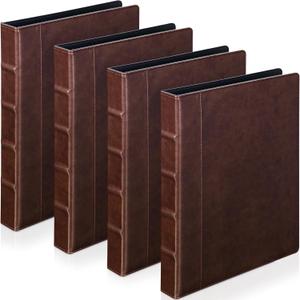 Yexiya 4 Pcs Vintage Hardback 3 Ring Binder Planner Portfolio Leather Round Ring Binder Organizer Holds 200 Sheets with 2 Inner Pockets, 13 x 10 Inch(1.5 Inch,Brown)