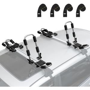 Leader Accessories Stainless Steel Folding Kayak Rack 4 PCS/Set J Bar Car Roof Rack for Canoe Surf Board SUP On Roof Top Mount on SUV, Car and Truck Crossbar with 4 pcs Tie Down Straps