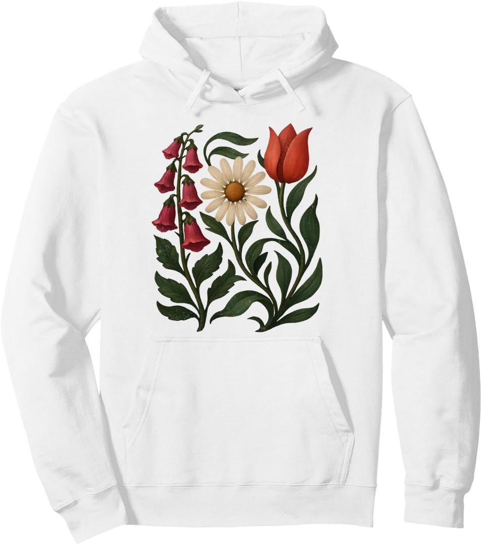 Vintage Floral Illustration Foxglove Daisy Tulip Design Pullover Hoodie (Gray, M)