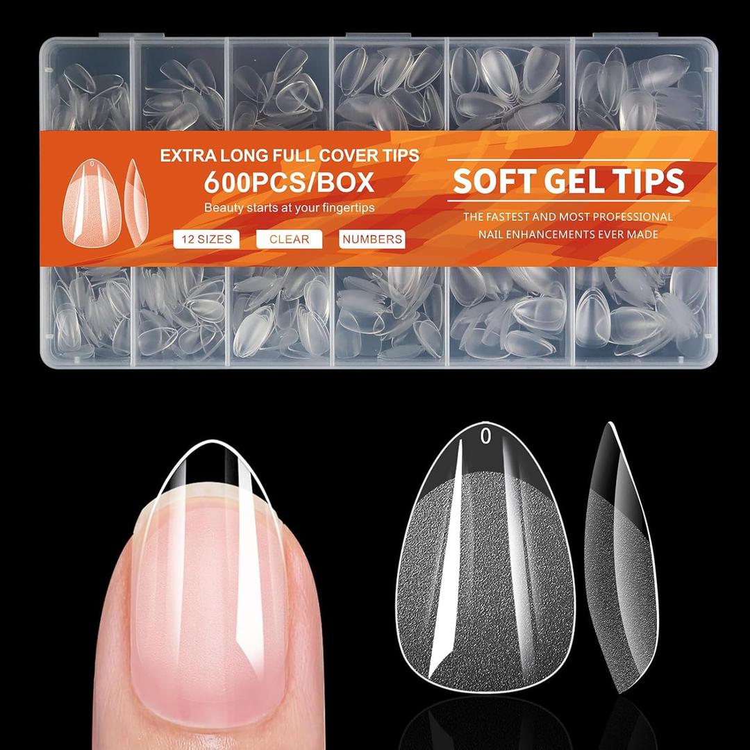 600Pcs Almond Soft Gel Nail Tips, Almond Short Nails, 12 Sizes Half Matte Full Cover Acrylic Fake Nails Clear False Nail Extension for Beginner and Professional Home Salon DIY