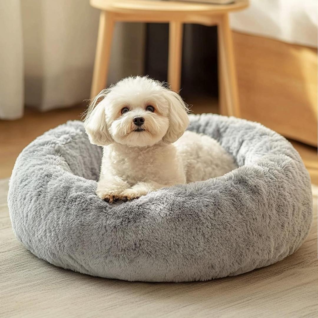 JOLLYVOGUE Dog & Cat Bed, Calming Anti-Anxiety Pet Bed for Small Dogs, Fluffy Donut Cushion for Small and Medium Pets (23") (01 - Light Grey)