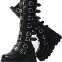 2025 Women's Platform Knee High Goth Boots Chunky High Heel Round-Toe Buckle Boots Lace Up Wedge Heel Studded Goth Knee High Shoes (11, Black)