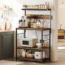SUPERJARE Bakers Rack with Power Outlets, Microwave Stand, 31.5 X 16.5 Inch Larger Desktop, Kitchen Storage Rack with Adjustable Middle Shelf, 6 S-Shaped Hooks, Coffee Bar Stand, Rustic Brown