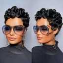 Nigteye Pixie Cut Wigs for Black Women Short Layered Pixie Human Hair Wigs With Bangs Natural Black Color Glueless Short Curly Human Hair Wig Full Machine Made