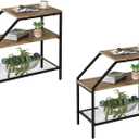 Wolawu End Table 3 Tiers 2pcs Wood Nightstand with Storage Ladder Shelf,Industrial Sofa Side Table for Small Space, Modern Trapezoid Plant Stand in Living Room Bedroom,Gold Metal Frame (Brown)