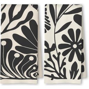 Abstract Boho Neutral Floral Kitchen Towels Set of 2, 70s Retro Groovy Beige Black and White Botanical Dish Tea Towels for Kitchen Bathroom Decor, Mid Century Modern Hand Towels, 16x24in