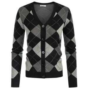 GRACE KARIN Womens Cardigan Sweater Fall Long Sleeve Argyle Sweater V Neck Button Up Cardigan Color Block Preppy Clothes XL