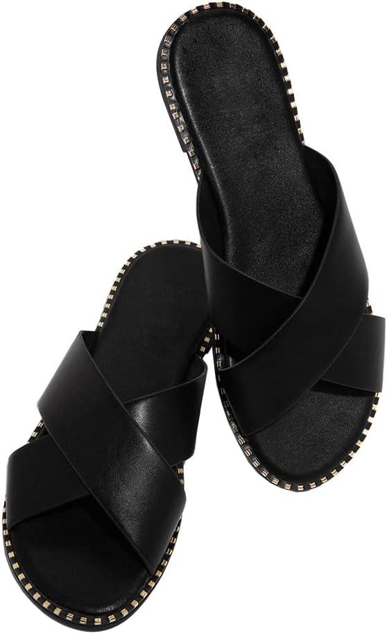 Jeimpoey Womens Studded Flat Sandals Open Toe Slip on Mule Slides Crossed Strap Slipper (6.5, Black)