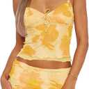 Two Piece Skirt Set for Women Summer Mesh Floral Mini Skirts Sexy Crop Strapless Tube Tops Going Out Outfits Vacation (Medium Short)