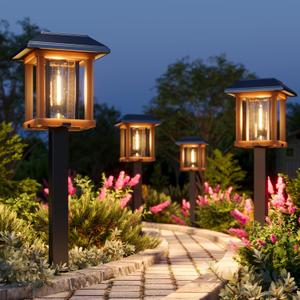 XMCOSY+ 4-Pack Solar Pathway Lights Outdoor, 25 Lumens Vintage Edison LED Landscape Lighting, IP65 Waterproof Seeded Glass & Metal Stakes Solar Powered Garden Lights for Yard Patio Walkway Driveway (Two-Tone Bronze & Wood Color)